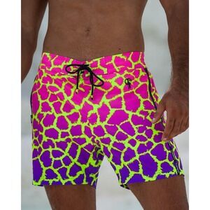 NEW Tucann Faded Mirage Pulse Swim Trunks Men Pink Purple Neon Giraffe 5" Inseam